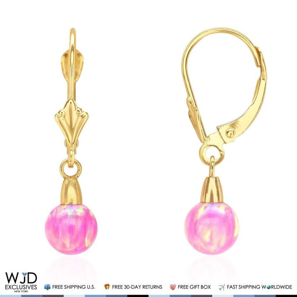 6mm-10mm Ball Shaped Pink Fire Opal Leverback Dangle Earrings 14K Yellow Gold