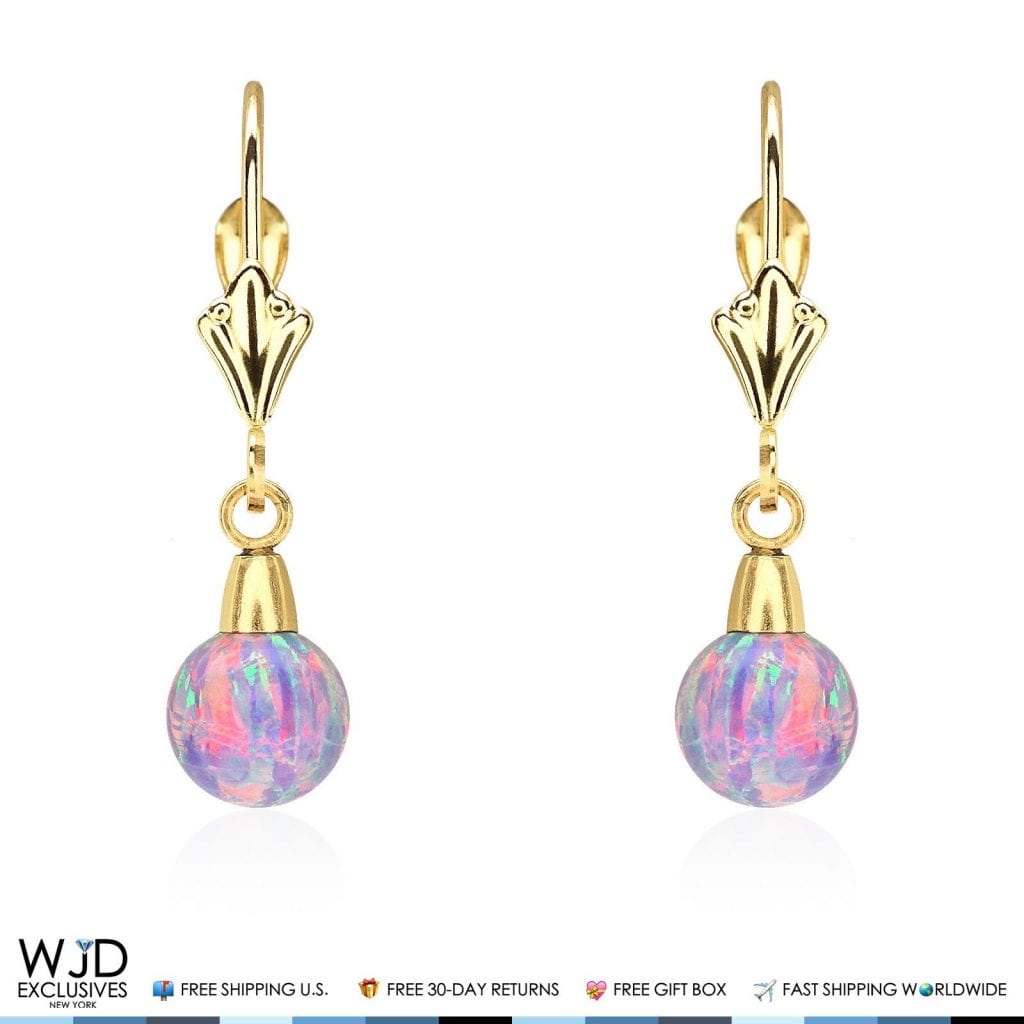 6 mm Ball Shaped Purple Fire Opal Leverback Dangle Earrings 14K Yellow Gold