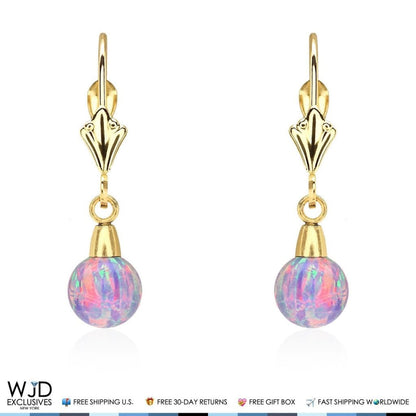 6 mm Ball Shaped Purple Fire Opal Leverback Dangle Earrings 14K Yellow Gold