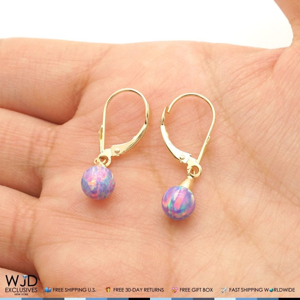 6 mm Ball Shaped Purple Fire Opal Leverback Dangle Earrings 14K Yellow Gold