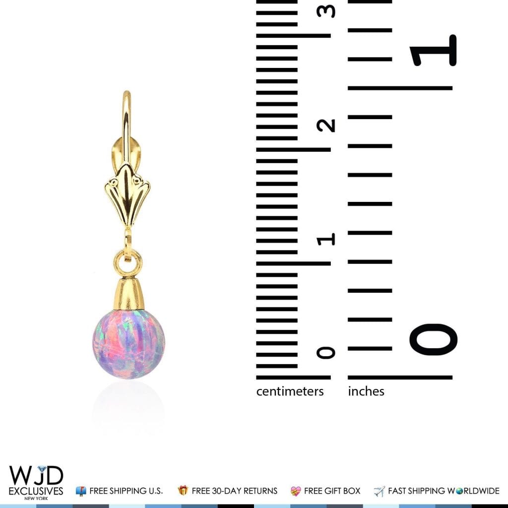 6 mm Ball Shaped Purple Fire Opal Leverback Dangle Earrings 14K Yellow Gold