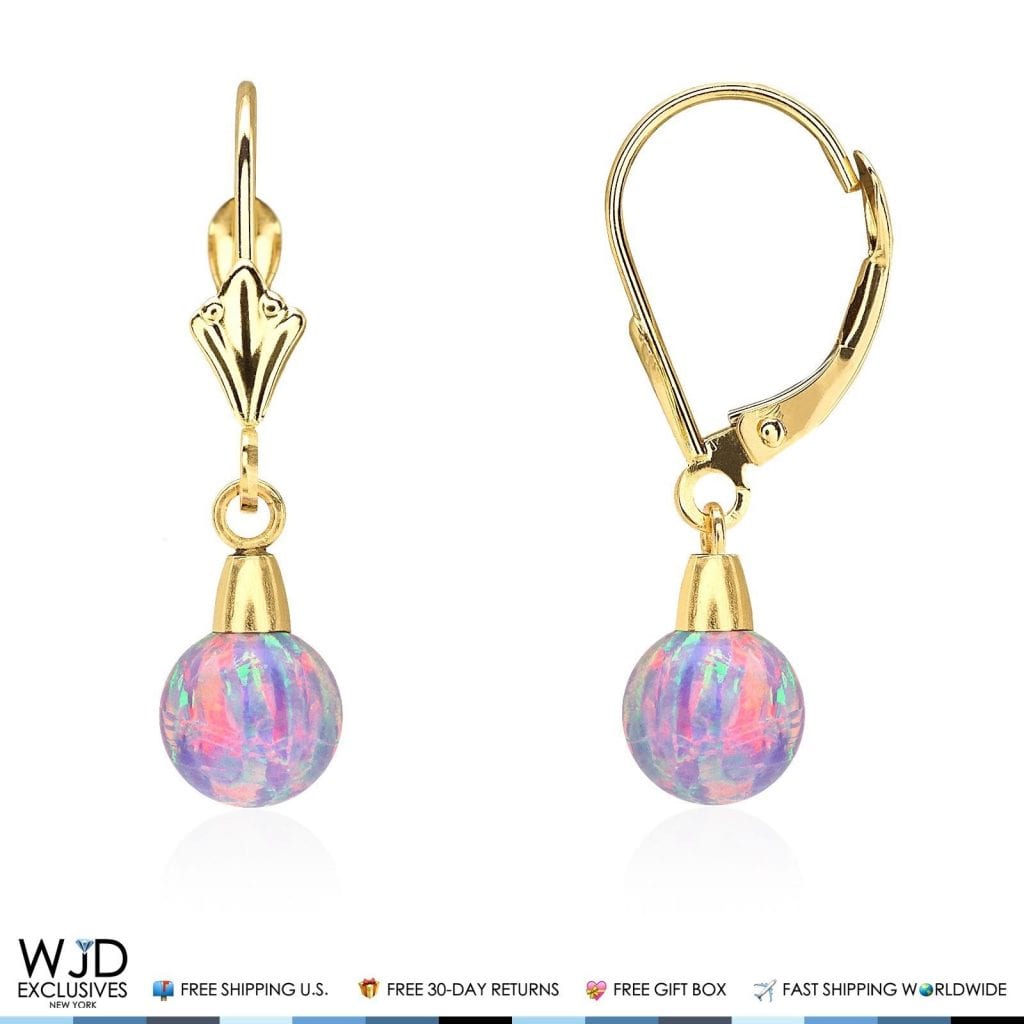 6 mm Ball Shaped Purple Fire Opal Leverback Dangle Earrings 14K Yellow Gold