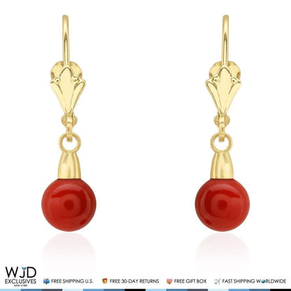 6 mm Ball Shaped Red Coral Leverback Dangle Earrings 14K Solid Yellow Gold 1&quot;