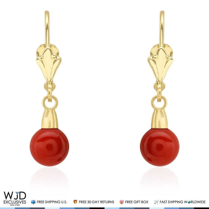 6mm Ball Shaped Red Coral Leverback Dangle Earrings 14K Yellow Gold 1"