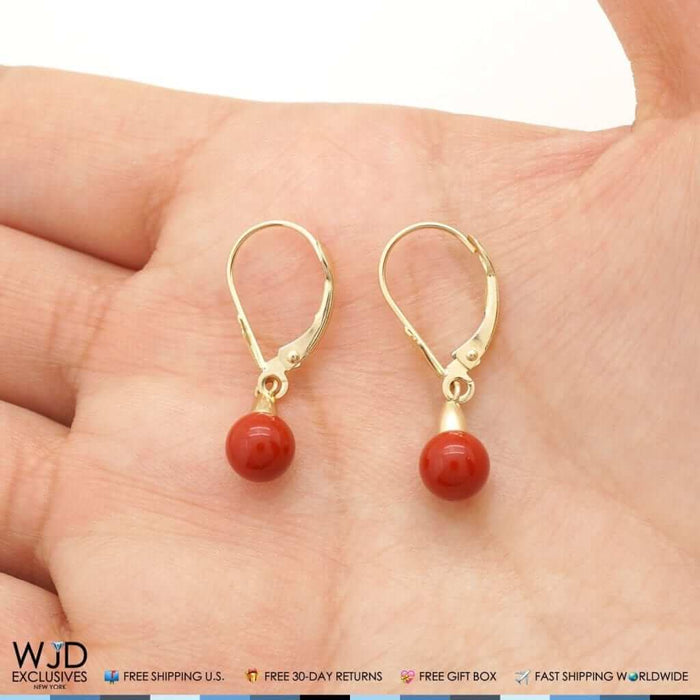 6mm Ball Shaped Red Coral Leverback Dangle Earrings 14K Yellow Gold 1"