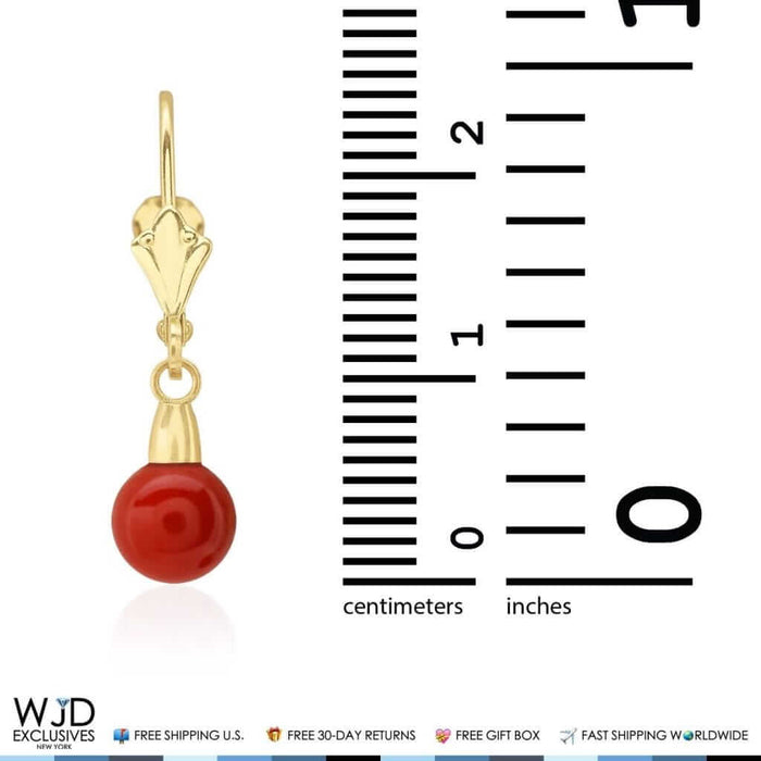 6mm Ball Shaped Red Coral Leverback Dangle Earrings 14K Yellow Gold 1"