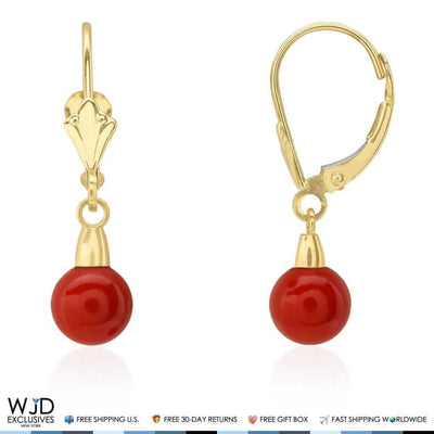 6mm Ball Shaped Red Coral Leverback Dangle Earrings 14K Yellow Gold 1"