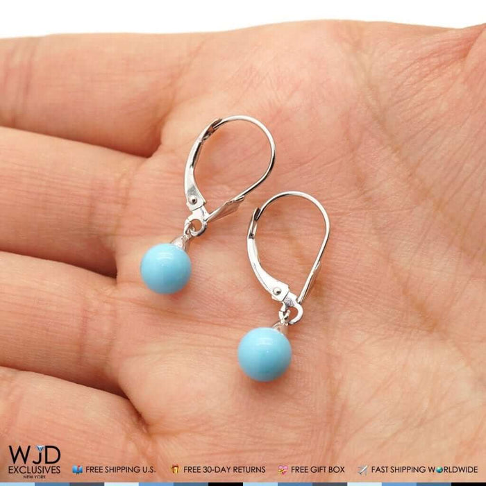 14K White Gold Ball Shaped Turquoise Leverback Dangle Earrings 6mm-10mm
