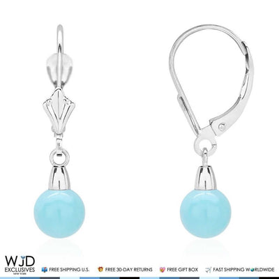 14K White Gold Ball Shaped Turquoise Leverback Dangle Earrings 6mm-10mm