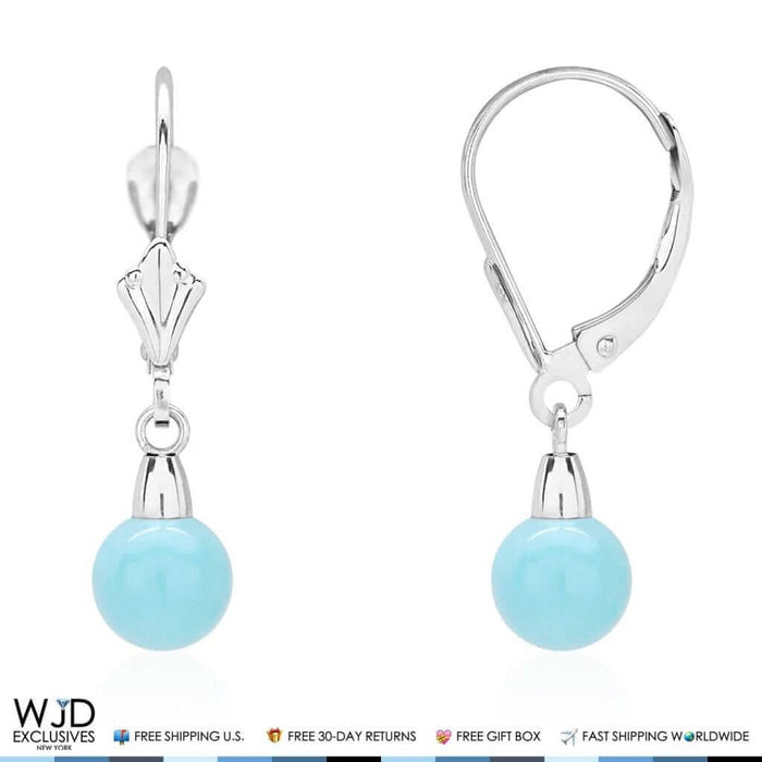 14K White Gold Ball Shaped Turquoise Leverback Dangle Earrings 6mm-10mm