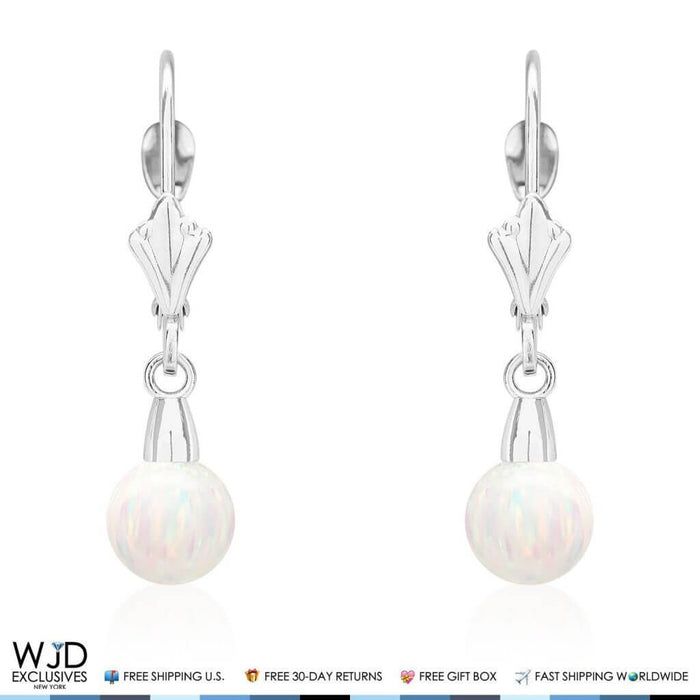 14K White Gold Ball White Fire Opal Leverback Dangle Earrings 6mm