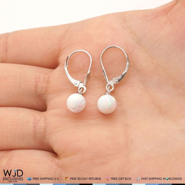 14K White Gold Ball White Fire Opal Leverback Dangle Earrings 6mm