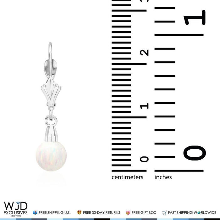 14K White Gold Ball White Fire Opal Leverback Dangle Earrings 6mm