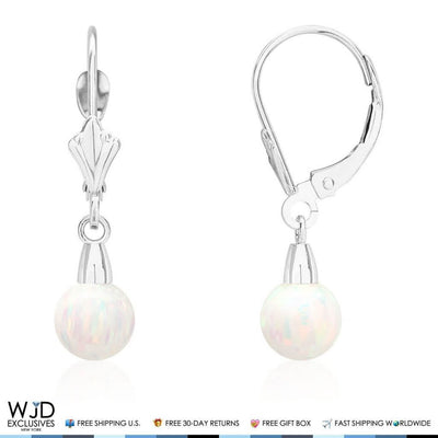 14K White Gold Ball White Fire Opal Leverback Dangle Earrings 6mm