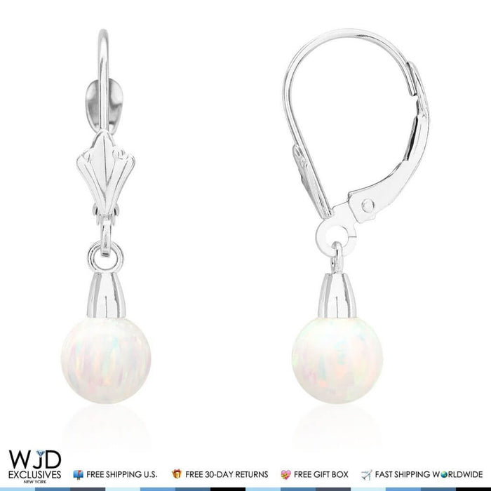 14K White Gold Ball White Fire Opal Leverback Dangle Earrings 6mm