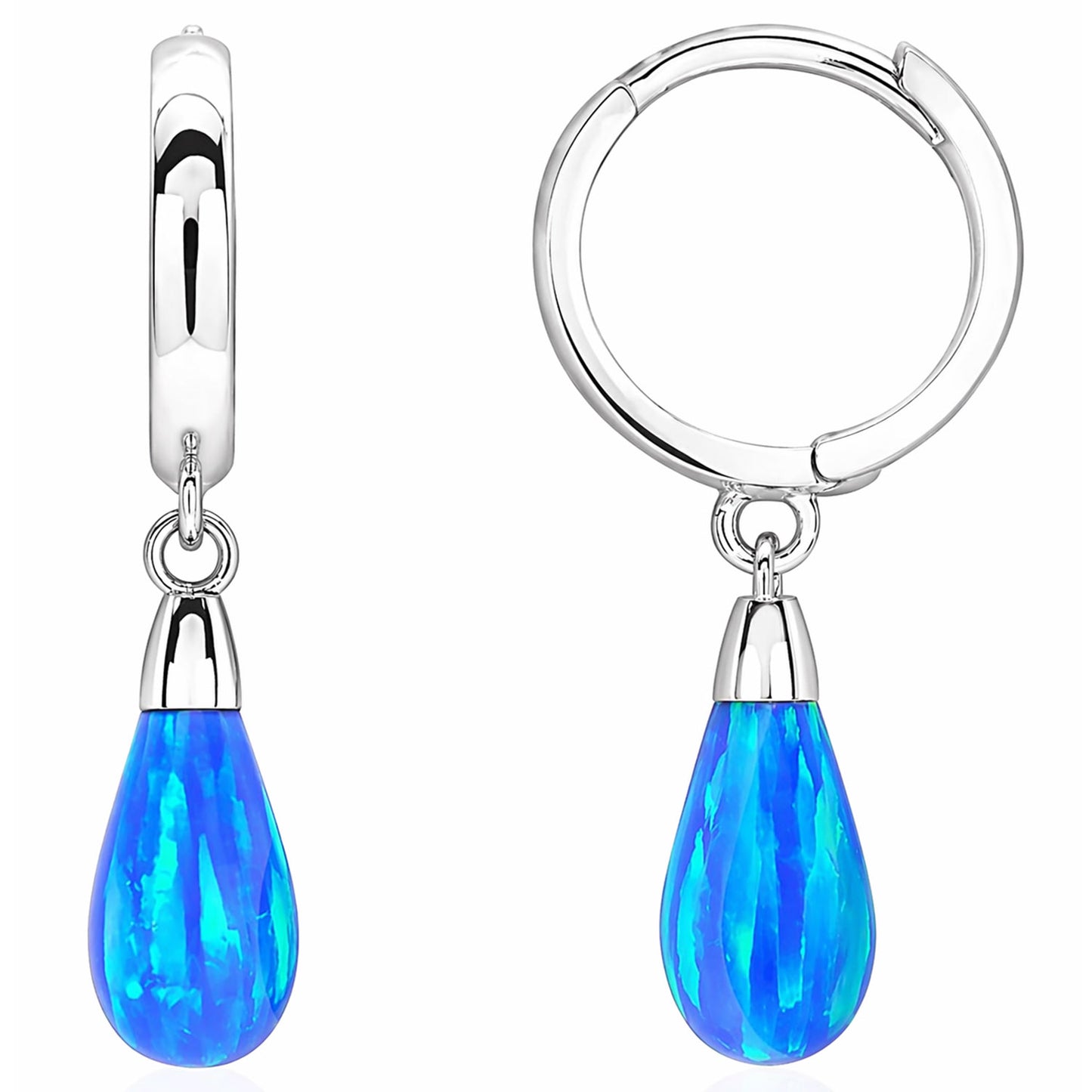 14K White Gold Pear Shaped Blue Fire Opal Huggie Hoop Dangle Earrings 1"