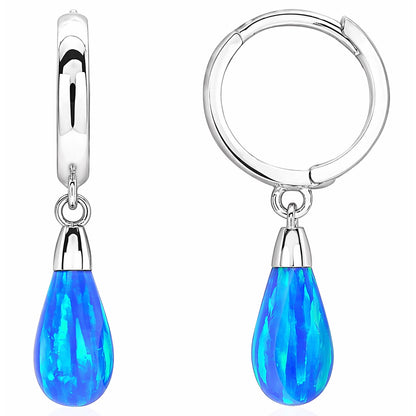 14K White Gold Pear Shaped Blue Fire Opal Huggie Hoop Dangle Earrings 1"