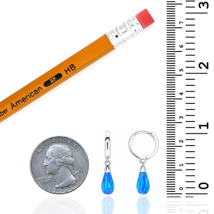 14K White Gold Pear Shaped Blue Fire Opal Huggie Hoop Dangle Earrings 1"