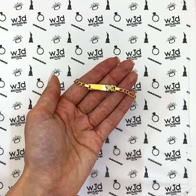 Kids 14K Yellow Gold Over Sterling Silver 4mm Figaro Butterfly Engravable ID Bar Bracelet (Solid Links) 6"