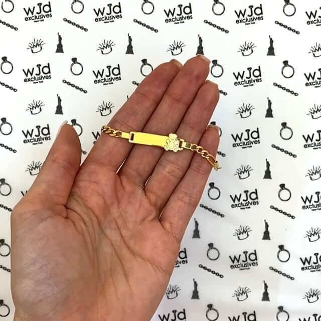 Kids 14K Yellow Gold Over Sterling Silver 4mm Figaro Teddy Bear Engravable ID Bar Bracelet (Solid Links) 6"