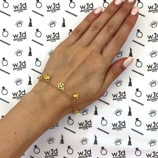14K Yellow Gold Over Sterling Silver 2.5mm Puffed Hearts & Peace Signs Charms Bracelet (Solid Links) 8"