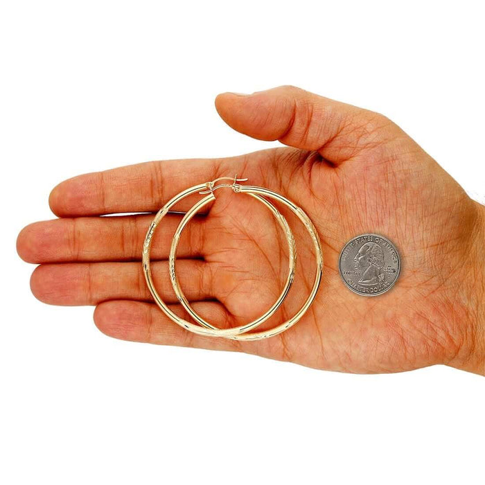 14K Solid Yellow & White Gold 3mm Diamond-Cut Finish Hoop Earrings 19-75mm