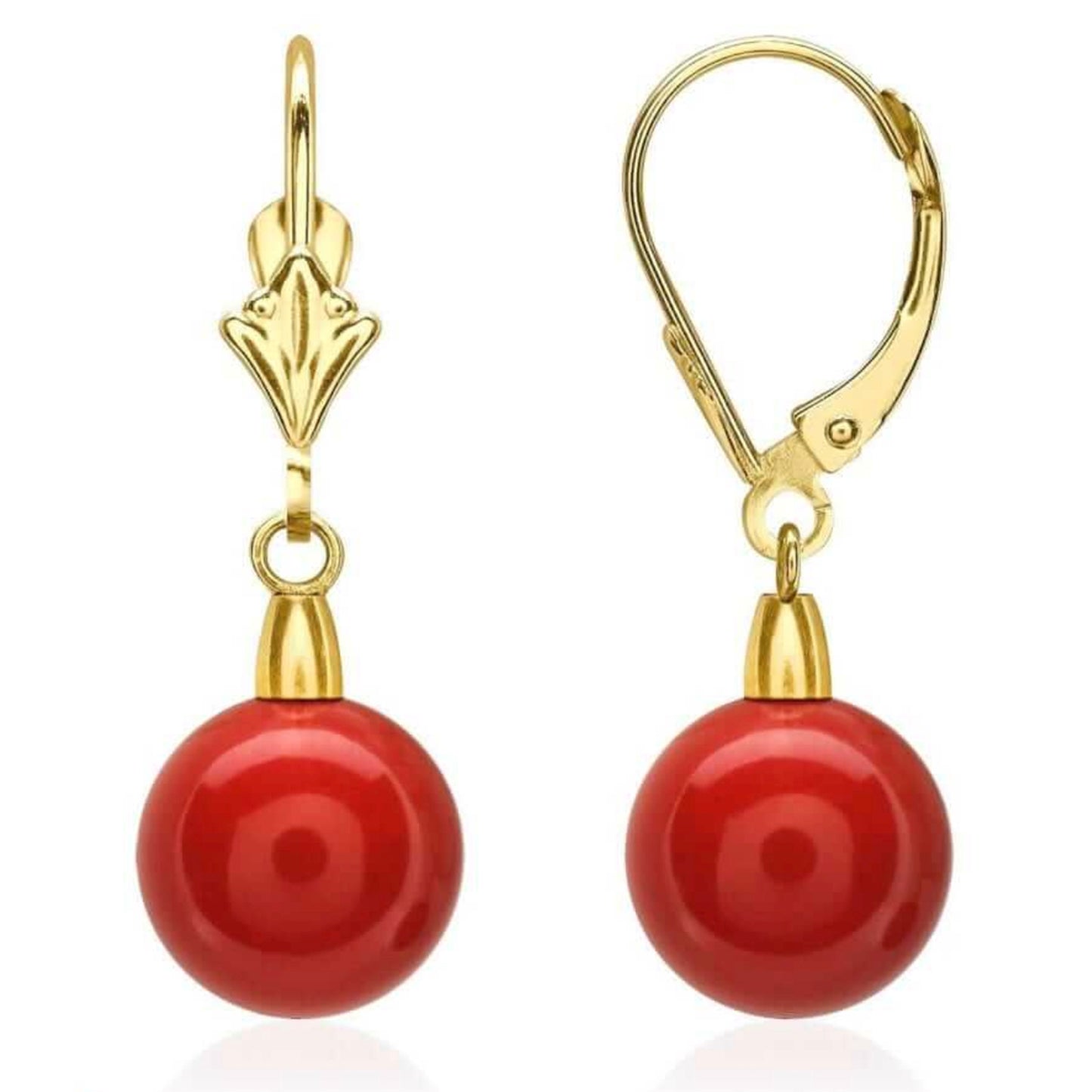 9mm Ball Shaped Red Coral Leverback Dangle Earrings 14K Yellow Gold 1"