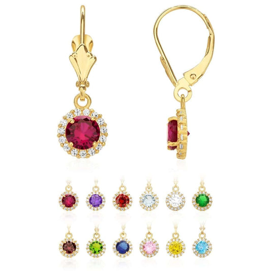 14K Yellow Gold CZ Halo Round Birthstone  Earrings