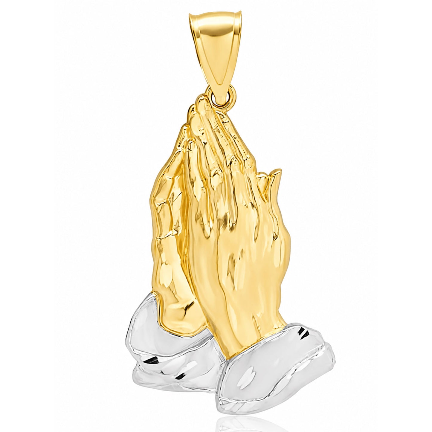 10K Yellow and White Gold Praying Hands Religious Pendant 2"