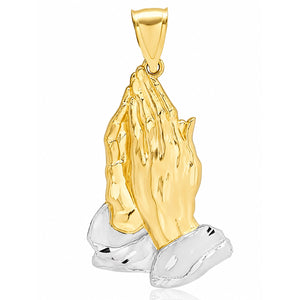 10K Yellow and White Gold Praying Hands Religious Pendant 2"