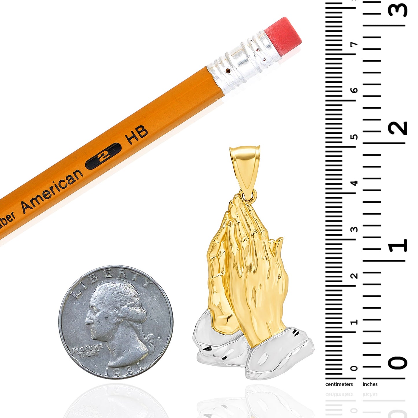 10K Yellow and White Gold Praying Hands Religious Pendant 2"