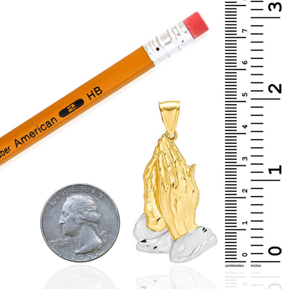 10K Yellow and White Gold Praying Hands Religious Pendant 2"