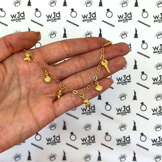 14K Yellow Gold Over Sterling Silver Dolphin Key Teddy Bear Star Seashell Charms Anklet (Solid Links) 9"-10"