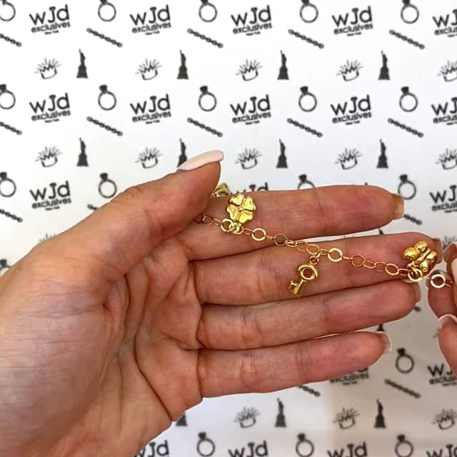 Kids Yellow Gold Over Sterling Silver Cable Butterfly Key Dog Clover Leaf Rattle Bracelet (Solid Links) 6"