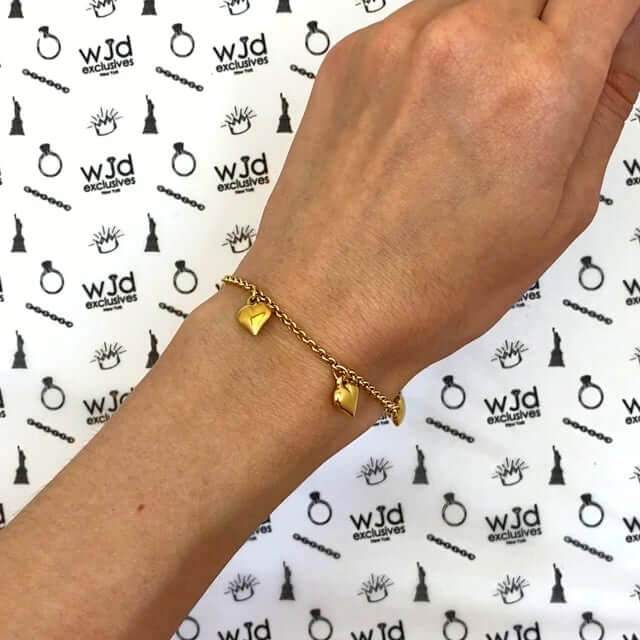 14K Yellow Gold Over Sterling Silver 2.5mm Rolo Puffed Heart Charms Bracelet (Solid Links) 8"