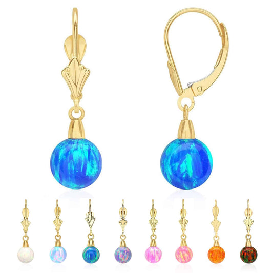 14K Real Gold 7mm Ball Fire Opal Leverback Dangle Earrings