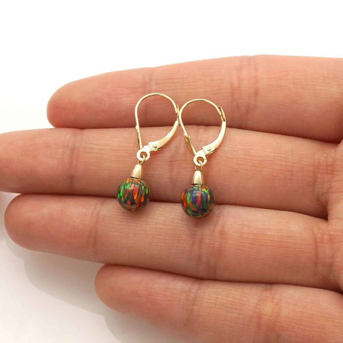 6mm-10mm Ball Shaped Black Fire Opal Dangle Leverback Earrings 14K Yellow Gold