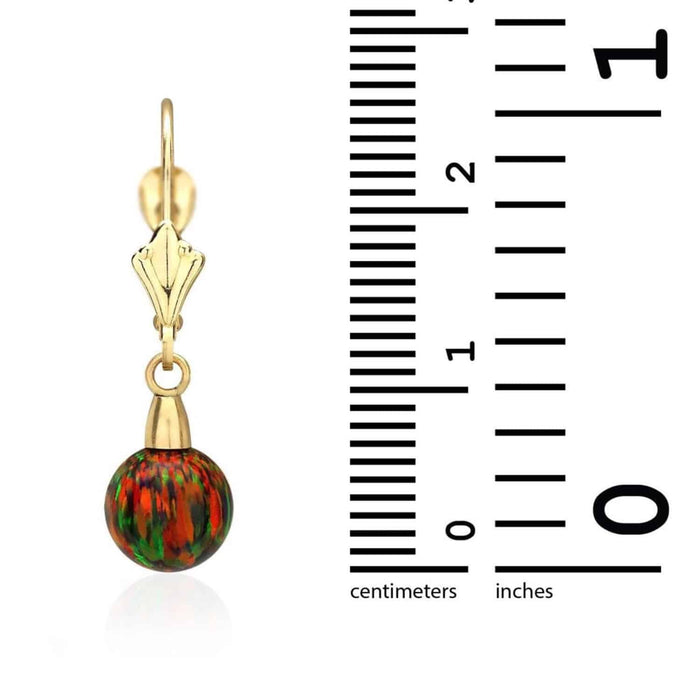 6mm-10mm Ball Shaped Black Fire Opal Dangle Leverback Earrings 14K Yellow Gold