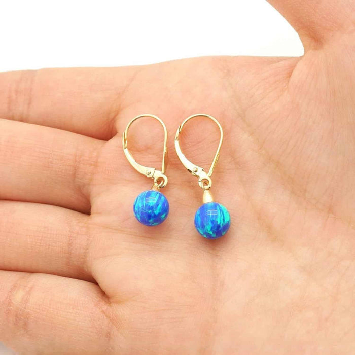 14K Gold 7mm Ball Fire Opal Leverback Dangle Earrings
