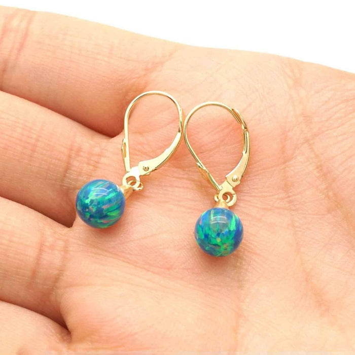 14K Gold 7mm Ball Fire Opal Leverback Dangle Earrings