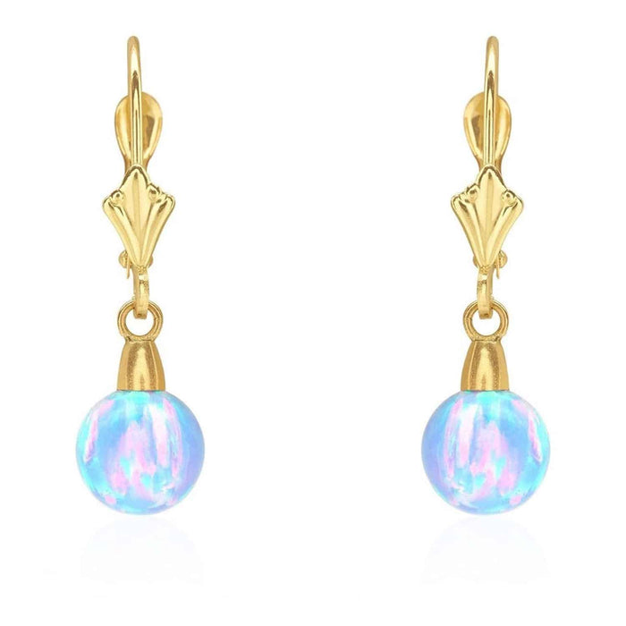 14K Gold 7mm Ball Fire Opal Leverback Dangle Earrings