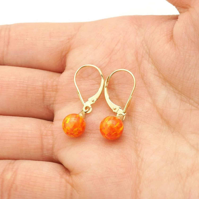 14K Gold 7mm Ball Fire Opal Leverback Dangle Earrings