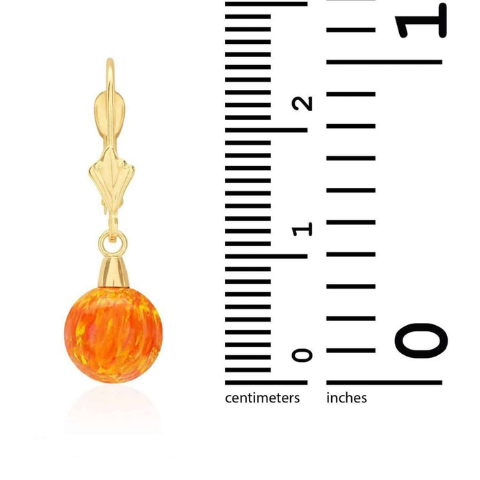 14K Gold 7mm Ball Fire Opal Leverback Dangle Earrings