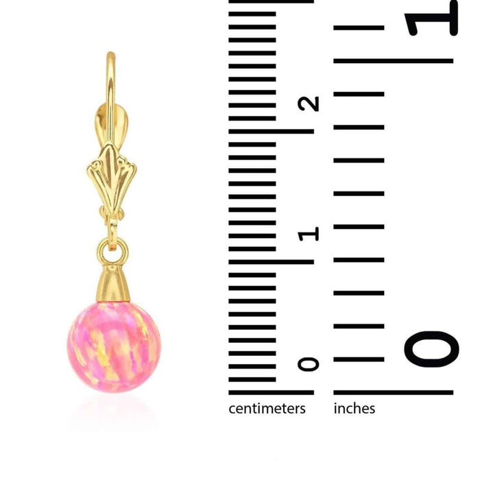 14K Yellow Gold 6mm-10mm Ball Peach Pink Fire Opal Leverback Dangle Earrings