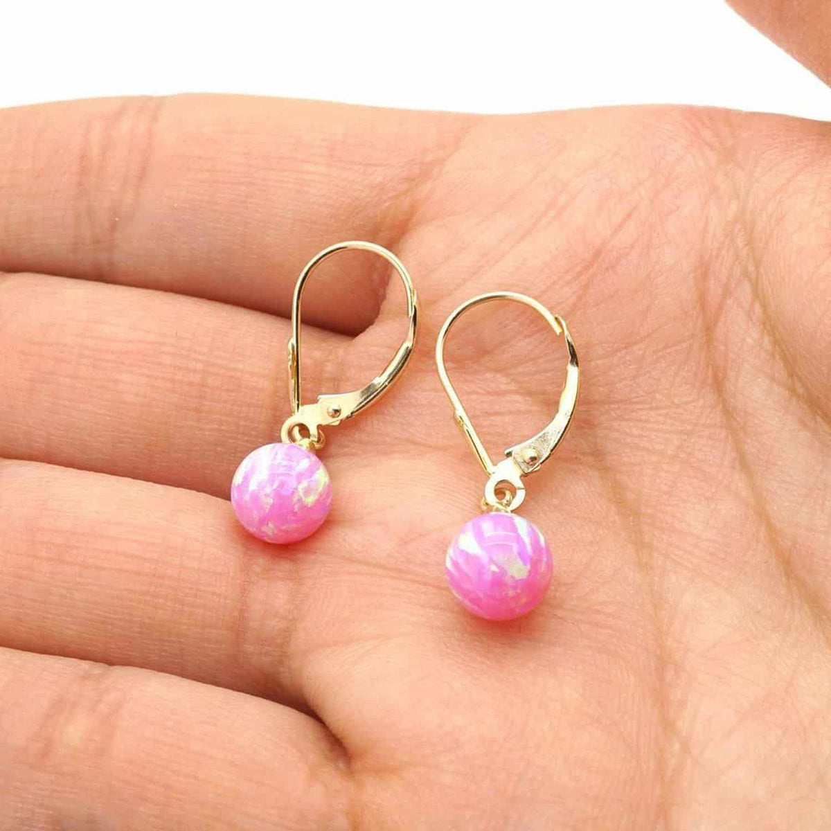 6mm-10mm Ball Shaped Pink Fire Opal Leverback Dangle Earrings 14K Yellow Gold