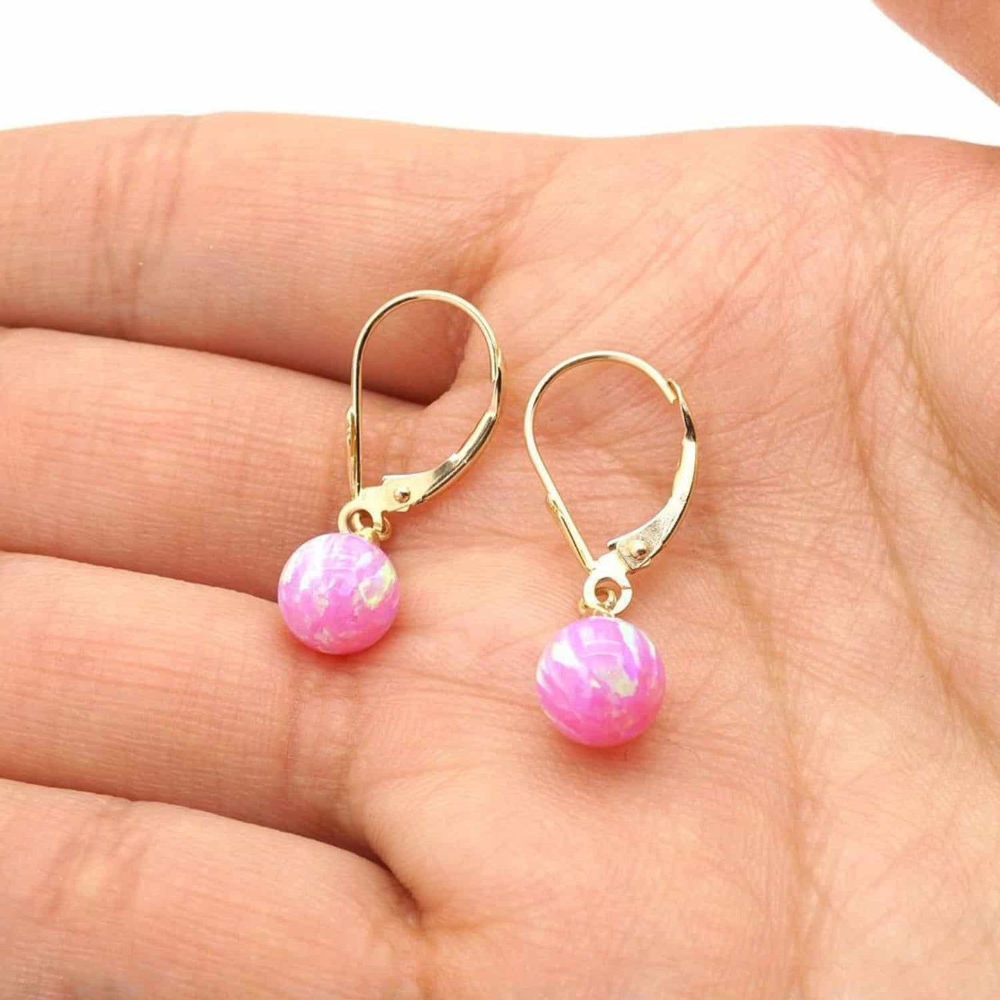 6mm-10mm Ball Shaped Pink Fire Opal Leverback Dangle Earrings 14K Yellow Gold