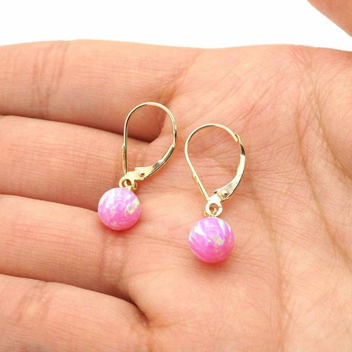 14K Gold 7mm Ball Fire Opal Leverback Dangle Earrings