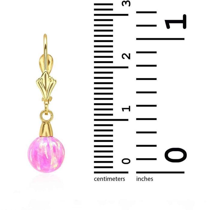 6mm-10mm Ball Shaped Pink Fire Opal Leverback Dangle Earrings 14K Yellow Gold