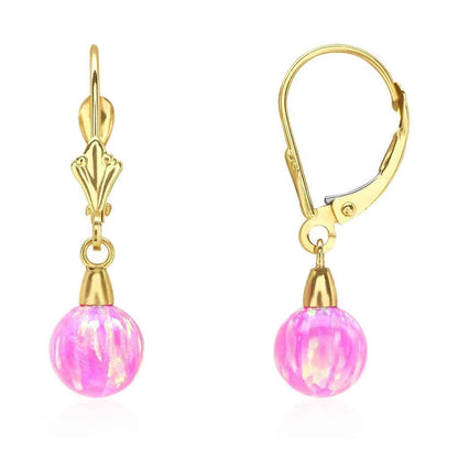 6mm-10mm Ball Shaped Pink Fire Opal Leverback Dangle Earrings 14K Yellow Gold