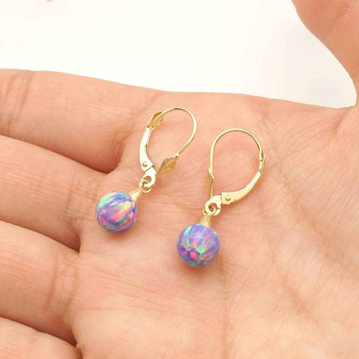 14K Gold 7mm Ball Fire Opal Leverback Dangle Earrings